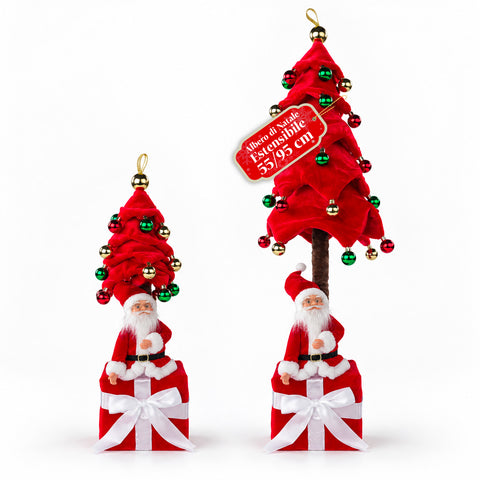 Árbol de Navidad decorativo extensible de 95 cm y 90 cm de poliéster, con base de paquete de regalo y bolas rojas, verdes y doradas - 3 variantes de color