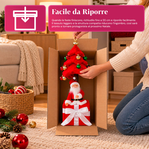 Árbol de Navidad decorativo extensible de 95 cm y 90 cm de poliéster, con base de paquete de regalo y bolas rojas, verdes y doradas - 3 variantes de color