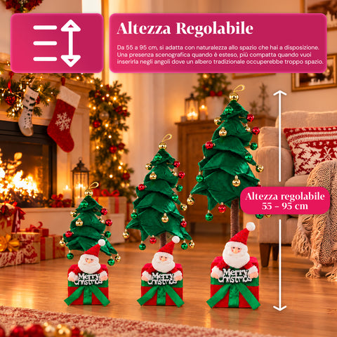 Árbol de Navidad decorativo extensible de 95 cm y 90 cm de poliéster, con base de paquete de regalo y bolas rojas, verdes y doradas - 3 variantes de color