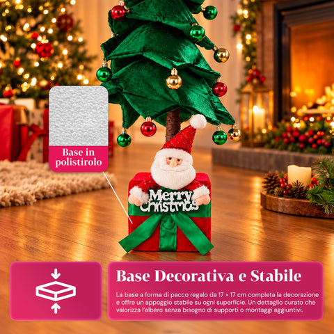 Árbol de Navidad decorativo extensible de 95 cm y 90 cm de poliéster, con base de paquete de regalo y bolas rojas, verdes y doradas - 3 variantes de color