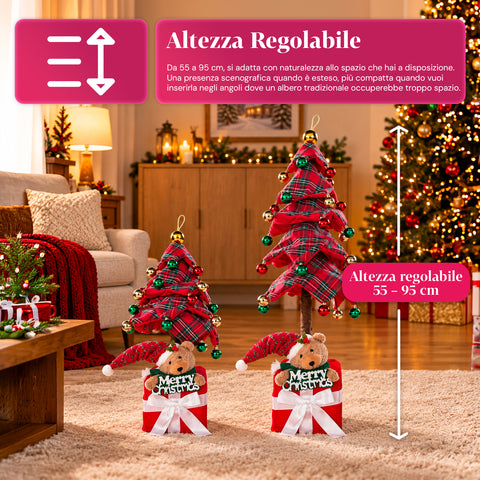 Árbol de Navidad decorativo extensible de 95 cm y 90 cm de poliéster, con base de paquete de regalo y bolas rojas, verdes y doradas - 3 variantes de color