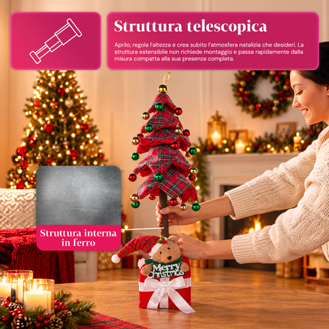 Árbol de Navidad decorativo extensible de 95 cm y 90 cm de poliéster, con base de paquete de regalo y bolas rojas, verdes y doradas - 3 variantes de color