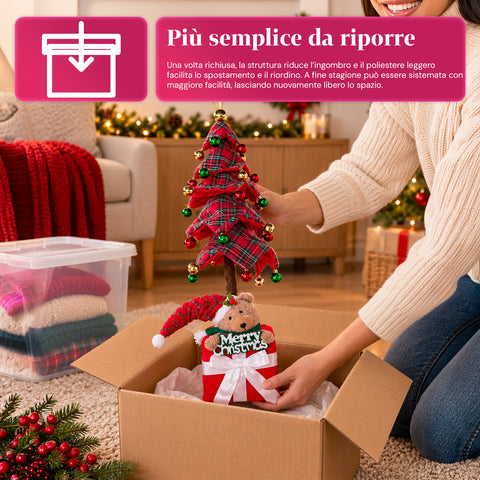 Árbol de Navidad decorativo extensible de 95 cm y 90 cm de poliéster, con base de paquete de regalo y bolas rojas, verdes y doradas - 3 variantes de color
