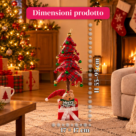 Árbol de Navidad decorativo extensible de 95 cm y 90 cm de poliéster, con base de paquete de regalo y bolas rojas, verdes y doradas - 3 variantes de color