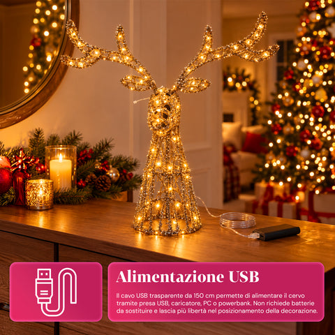 Ciervo luminoso LED con purpurina dorada, decoración navideña de hierro y polietileno, luz cálida alimentada por USB, 3 tamaños: 65, 85 y 110 cm