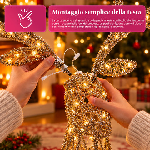 Ciervo luminoso LED con purpurina dorada, decoración navideña de hierro y polietileno, luz cálida alimentada por USB, 3 tamaños: 65, 85 y 110 cm