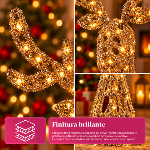 Ciervo luminoso LED con purpurina dorada, decoración navideña de hierro y polietileno, luz cálida alimentada por USB, 3 tamaños: 65, 85 y 110 cm