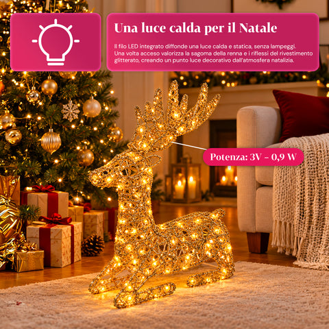 Ciervo luminoso LED con purpurina dorada, decoración navideña de hierro y polietileno, luz cálida alimentada por USB, 3 tamaños: 65, 85 y 110 cm
