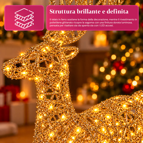 Ciervo luminoso LED con purpurina dorada, decoración navideña de hierro y polietileno, luz cálida alimentada por USB, 3 tamaños: 65, 85 y 110 cm
