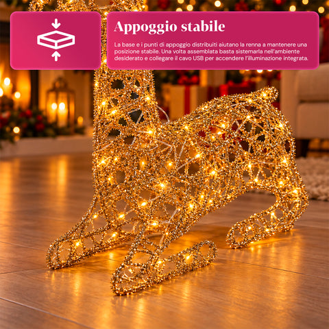 Ciervo luminoso LED con purpurina dorada, decoración navideña de hierro y polietileno, luz cálida alimentada por USB, 3 tamaños: 65, 85 y 110 cm