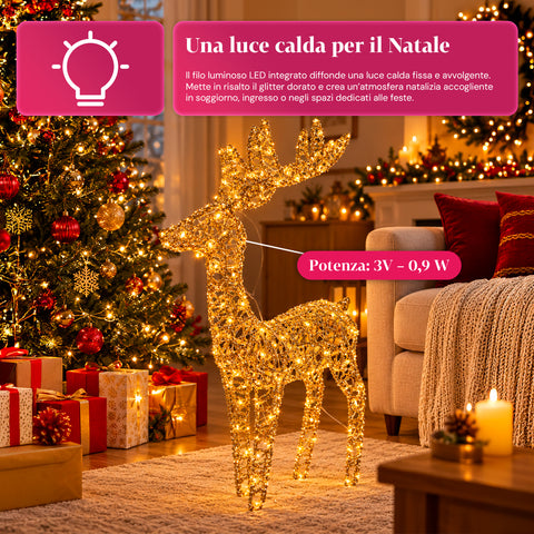 Ciervo luminoso LED con purpurina dorada, decoración navideña de hierro y polietileno, luz cálida alimentada por USB, 3 tamaños: 65, 85 y 110 cm
