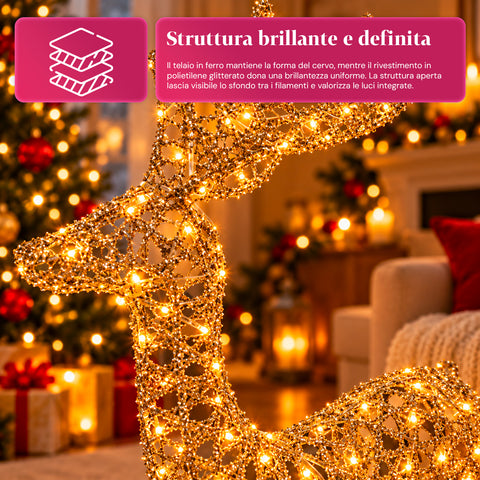 Ciervo luminoso LED con purpurina dorada, decoración navideña de hierro y polietileno, luz cálida alimentada por USB, 3 tamaños: 65, 85 y 110 cm