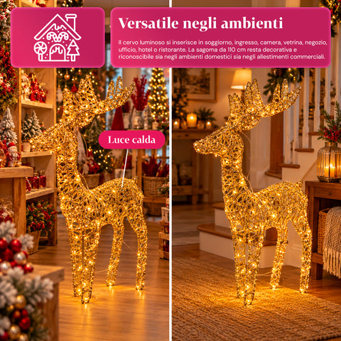 Ciervo luminoso LED con purpurina dorada, decoración navideña de hierro y polietileno, luz cálida alimentada por USB, 3 tamaños: 65, 85 y 110 cm