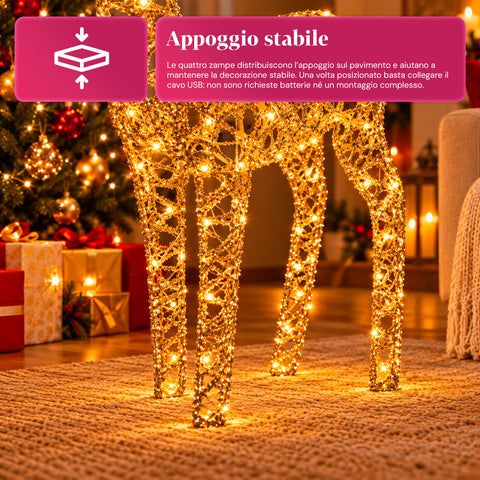Ciervo luminoso LED con purpurina dorada, decoración navideña de hierro y polietileno, luz cálida alimentada por USB, 3 tamaños: 65, 85 y 110 cm