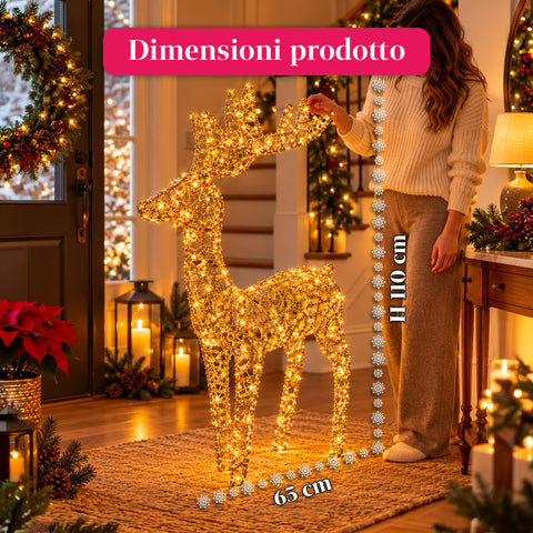 Ciervo luminoso LED con purpurina dorada, decoración navideña de hierro y polietileno, luz cálida alimentada por USB, 3 tamaños: 65, 85 y 110 cm