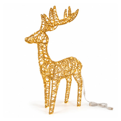 Ciervo luminoso LED con purpurina dorada, decoración navideña de hierro y polietileno, luz cálida alimentada por USB, 3 tamaños: 65, 85 y 110 cm