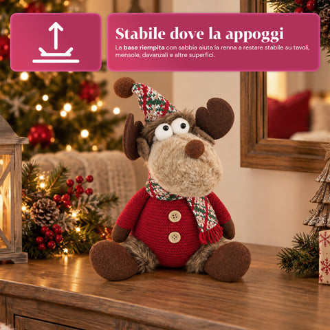 Reno navideño decorativo de poliéster - adorno navideño con base rellena de arena, diseño simpático, 4 variantes de estilo, 2 tamaños: 35 y 50 cm