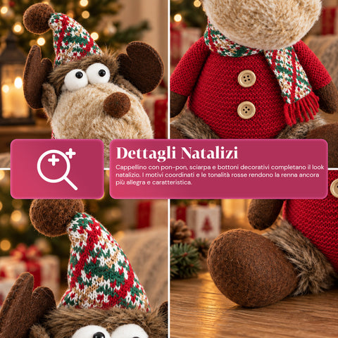Reno navideño decorativo de poliéster - adorno navideño con base rellena de arena, diseño simpático, 4 variantes de estilo, 2 tamaños: 35 y 50 cm