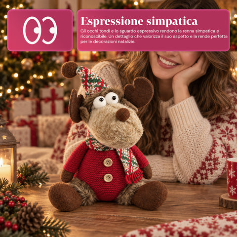 Reno navideño decorativo de poliéster - adorno navideño con base rellena de arena, diseño simpático, 4 variantes de estilo, 2 tamaños: 35 y 50 cm