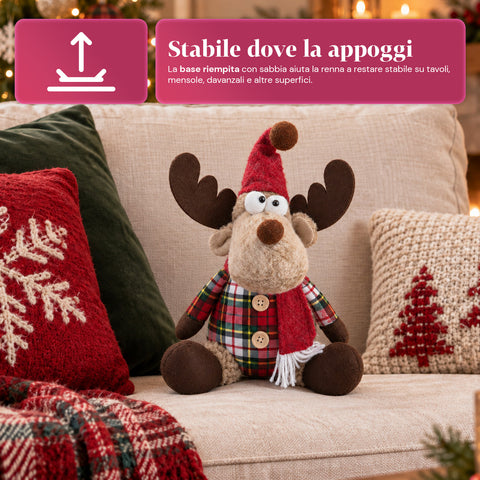 Reno navideño decorativo de poliéster - adorno navideño con base rellena de arena, diseño simpático, 4 variantes de estilo, 2 tamaños: 35 y 50 cm