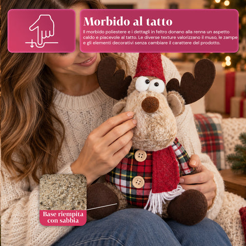 Reno navideño decorativo de poliéster - adorno navideño con base rellena de arena, diseño simpático, 4 variantes de estilo, 2 tamaños: 35 y 50 cm
