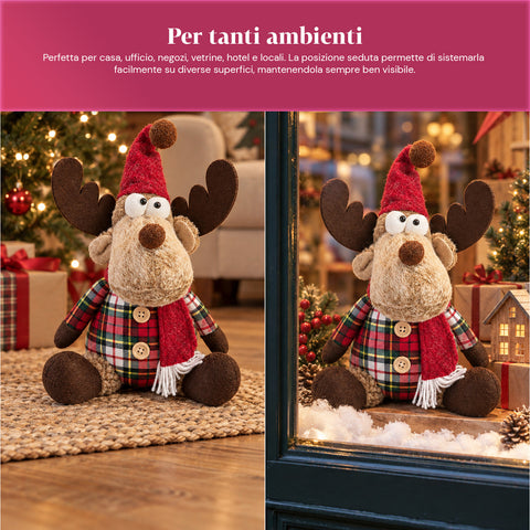 Reno navideño decorativo de poliéster - adorno navideño con base rellena de arena, diseño simpático, 4 variantes de estilo, 2 tamaños: 35 y 50 cm