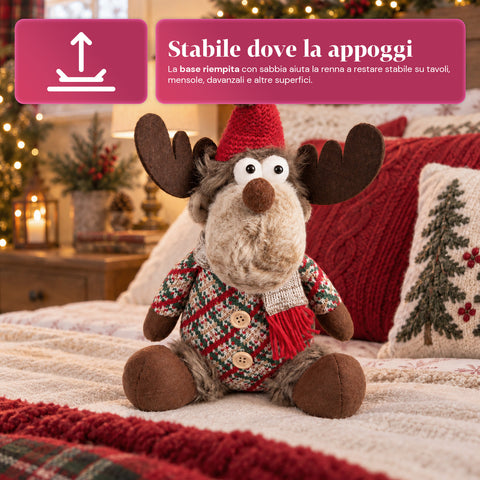 Reno navideño decorativo de poliéster - adorno navideño con base rellena de arena, diseño simpático, 4 variantes de estilo, 2 tamaños: 35 y 50 cm