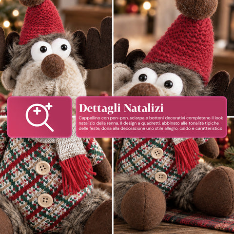 Reno navideño decorativo de poliéster - adorno navideño con base rellena de arena, diseño simpático, 4 variantes de estilo, 2 tamaños: 35 y 50 cm