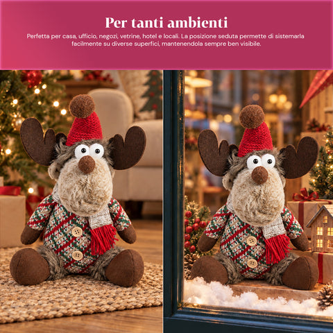 Reno navideño decorativo de poliéster - adorno navideño con base rellena de arena, diseño simpático, 4 variantes de estilo, 2 tamaños: 35 y 50 cm