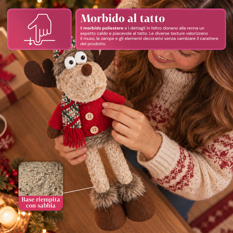 Reno navideño decorativo de poliéster - adorno navideño con base rellena de arena, diseño simpático, 4 variantes de estilo, 2 tamaños: 35 y 50 cm