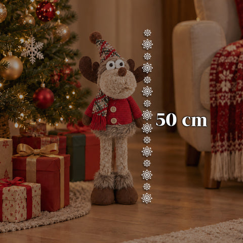 Reno navideño decorativo de poliéster - adorno navideño con base rellena de arena, diseño simpático, 4 variantes de estilo, 2 tamaños: 35 y 50 cm