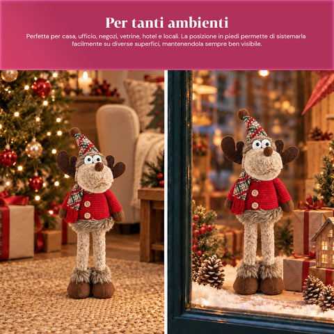 Reno navideño decorativo de poliéster - adorno navideño con base rellena de arena, diseño simpático, 4 variantes de estilo, 2 tamaños: 35 y 50 cm