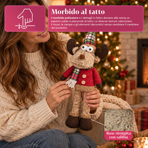 Reno navideño decorativo de poliéster - adorno navideño con base rellena de arena, diseño simpático, 4 variantes de estilo, 2 tamaños: 35 y 50 cm