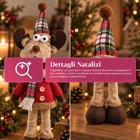 Reno navideño decorativo de poliéster - adorno navideño con base rellena de arena, diseño simpático, 4 variantes de estilo, 2 tamaños: 35 y 50 cm