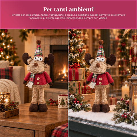 Reno navideño decorativo de poliéster - adorno navideño con base rellena de arena, diseño simpático, 4 variantes de estilo, 2 tamaños: 35 y 50 cm