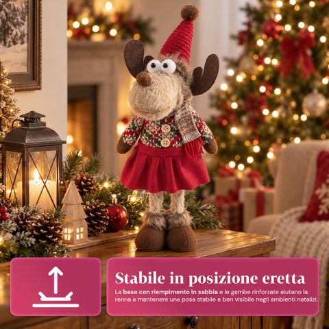 Reno navideño decorativo de poliéster - adorno navideño con base rellena de arena, diseño simpático, 4 variantes de estilo, 2 tamaños: 35 y 50 cm