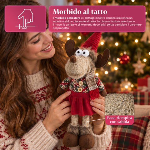 Reno navideño decorativo de poliéster - adorno navideño con base rellena de arena, diseño simpático, 4 variantes de estilo, 2 tamaños: 35 y 50 cm
