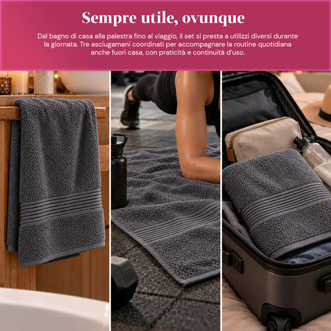 Juego de 3 toallas 100% algodón - Trío de baño con toalla de ducha de 90x140, toalla de 60x100 y toalla de invitados de 40x60 cm, suaves y absorbentes, 6 colores