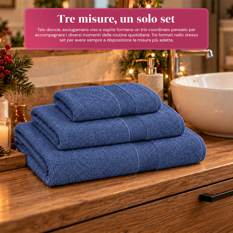Juego de 3 toallas 100% algodón - Trío de baño con toalla de ducha de 90x140, toalla de 60x100 y toalla de invitados de 40x60 cm, suaves y absorbentes, 6 colores