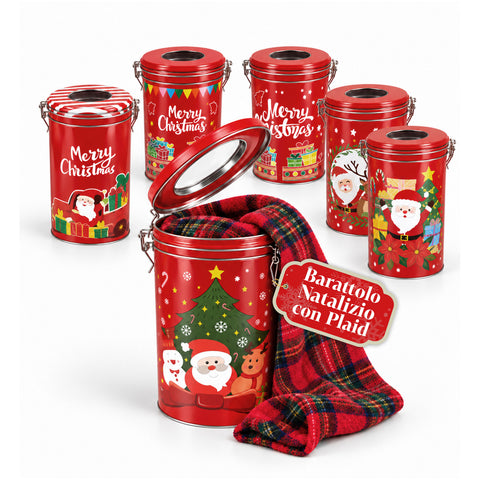 Tarro navideño de 30x16 cm con manta de forro polar coral de 145x110 cm, manta suave de cuadros tartán - caja sorpresa