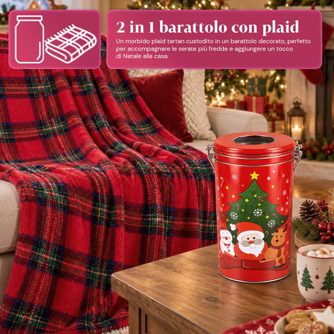 Tarro navideño de 30x16 cm con manta de forro polar coral de 145x110 cm, manta suave de cuadros tartán - caja sorpresa