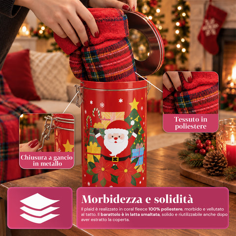 Tarro navideño de 30x16 cm con manta de forro polar coral de 145x110 cm, manta suave de cuadros tartán - caja sorpresa
