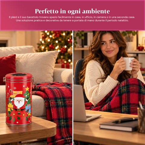 Tarro navideño de 30x16 cm con manta de forro polar coral de 145x110 cm, manta suave de cuadros tartán - caja sorpresa