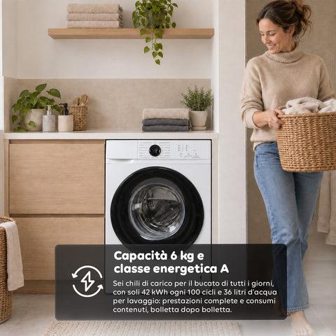 Lavatrice Carica Frontale 6 kg Classe A 1200 Giri/min, Slim 41 cm, Lavaggio a Vapore, Cestello a Nido d'Ape, Sicurezza Bambini, Bianco o Grigio