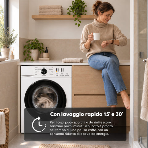 Lavatrice Carica Frontale 6 kg Classe A 1200 Giri/min, Slim 41 cm, Lavaggio a Vapore, Cestello a Nido d'Ape, Sicurezza Bambini, Bianco o Grigio