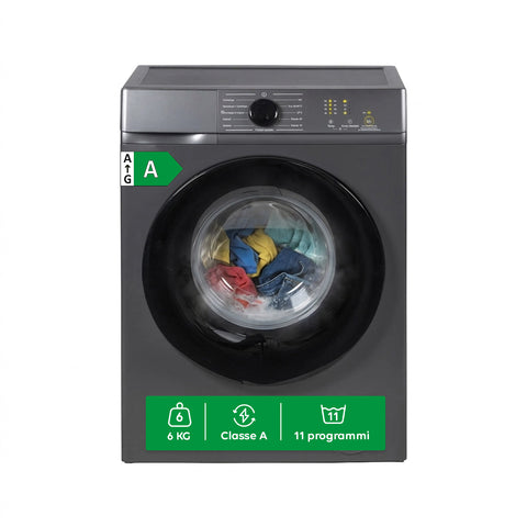 Lavatrice Carica Frontale 6 kg Classe A 1200 Giri/min, Slim 41 cm, Lavaggio a Vapore, Cestello a Nido d'Ape, Sicurezza Bambini, Bianco o Grigio