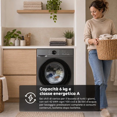 Lavatrice Carica Frontale 6 kg Classe A 1200 Giri/min, Slim 41 cm, Lavaggio a Vapore, Cestello a Nido d'Ape, Sicurezza Bambini, Bianco o Grigio