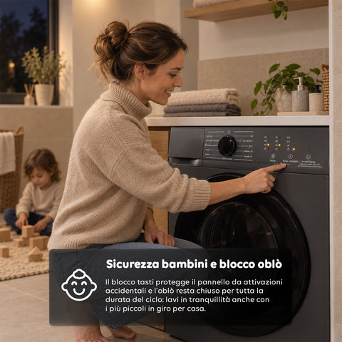 Lavatrice Carica Frontale 6 kg Classe A 1200 Giri/min, Slim 41 cm, Lavaggio a Vapore, Cestello a Nido d'Ape, Sicurezza Bambini, Bianco o Grigio