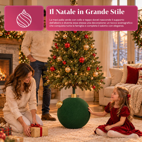 Base para árbol de Navidad con bola gigante y efecto terciopelo de 41x41x44 cm para árboles de hasta 180 cm - Cubr​​ebase con enganche Ø 4 cm, rojo burdeos y verde