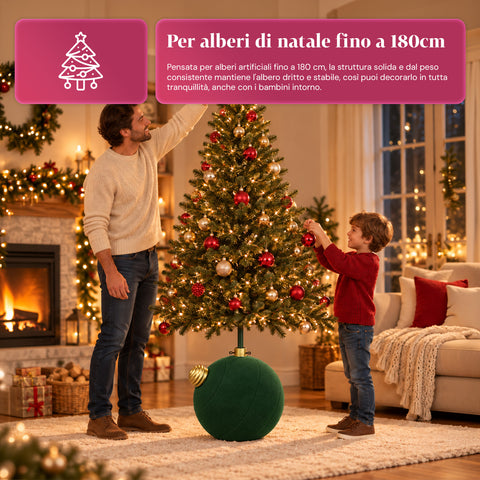 Base para árbol de Navidad con bola gigante y efecto terciopelo de 41x41x44 cm para árboles de hasta 180 cm - Cubr​​ebase con enganche Ø 4 cm, rojo burdeos y verde